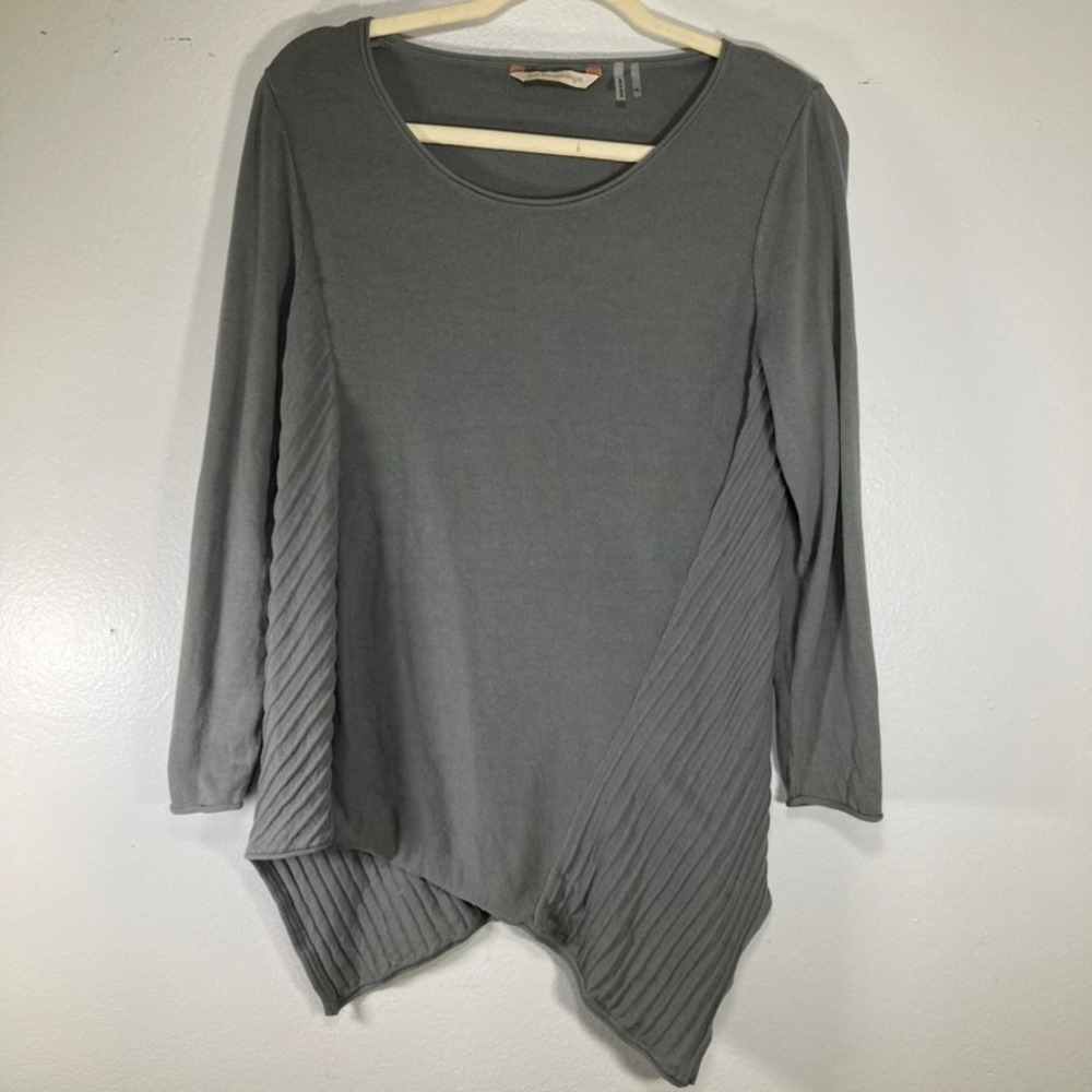 Soft Surroundings Sage Green Ribbed Asymmetrical Hem Cotton Knit Top PS 3AC06